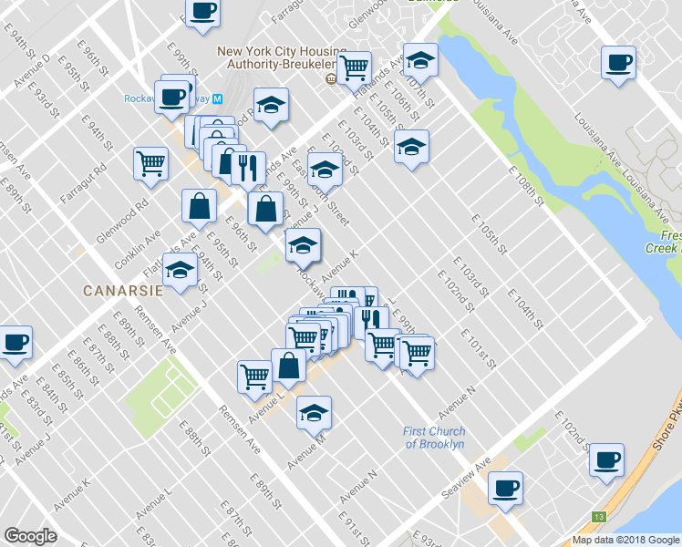 map of restaurants, bars, coffee shops, grocery stores, and more near 9802 Avenue K in Brooklyn