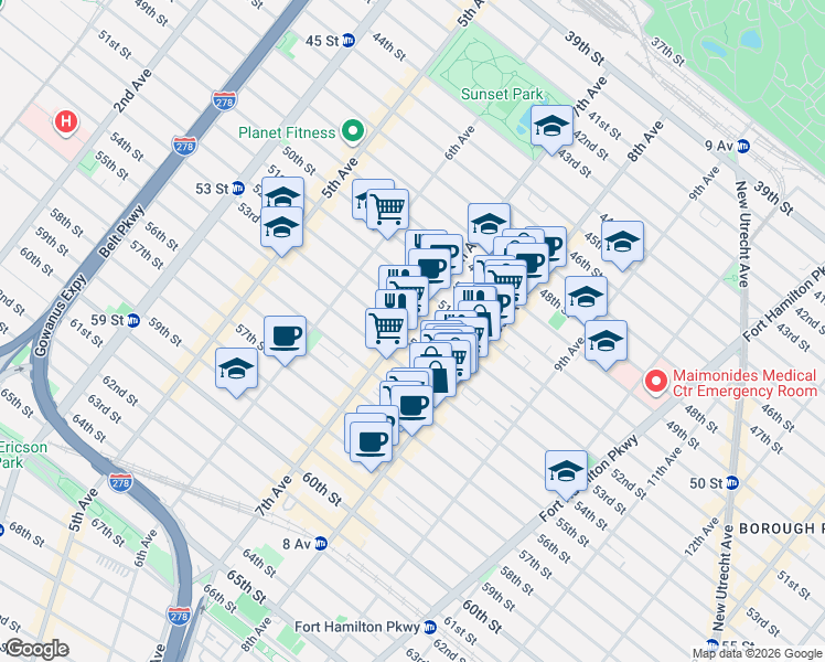 map of restaurants, bars, coffee shops, grocery stores, and more near 5205 7th Avenue in Brooklyn
