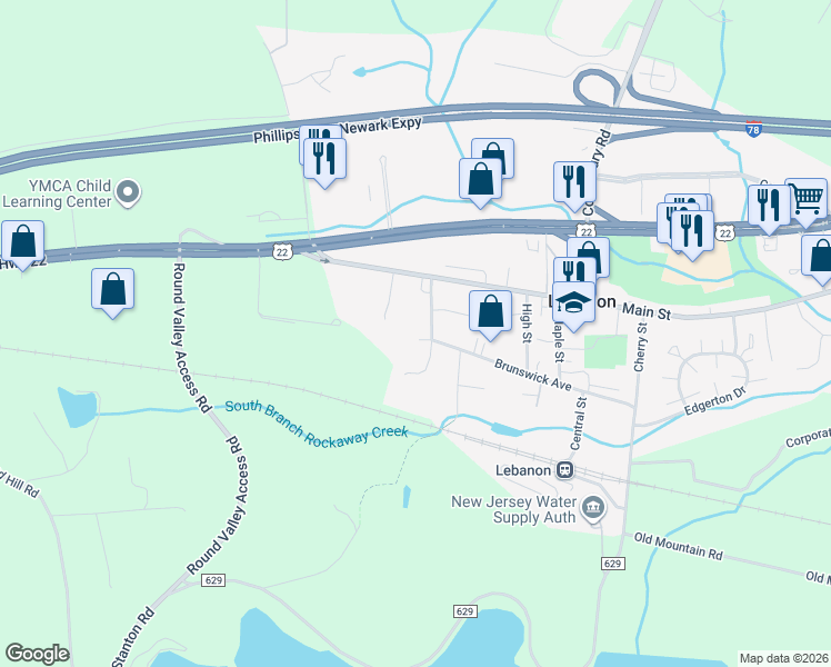 map of restaurants, bars, coffee shops, grocery stores, and more near 6 Nitzer Avenue in Lebanon
