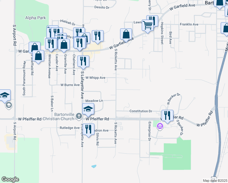 map of restaurants, bars, coffee shops, grocery stores, and more near 4013 South Ricketts Avenue in Bartonville
