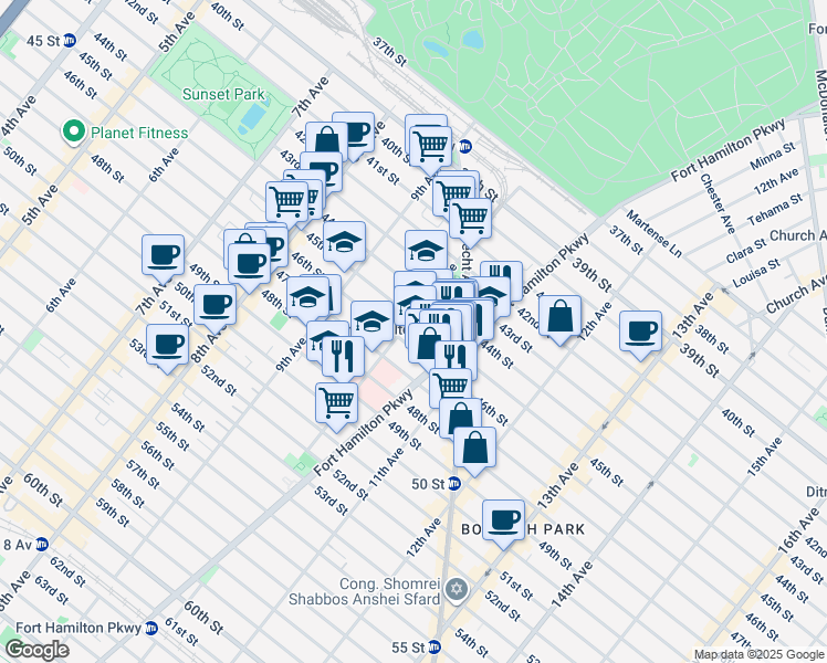 map of restaurants, bars, coffee shops, grocery stores, and more near 4509 10th Avenue in Brooklyn