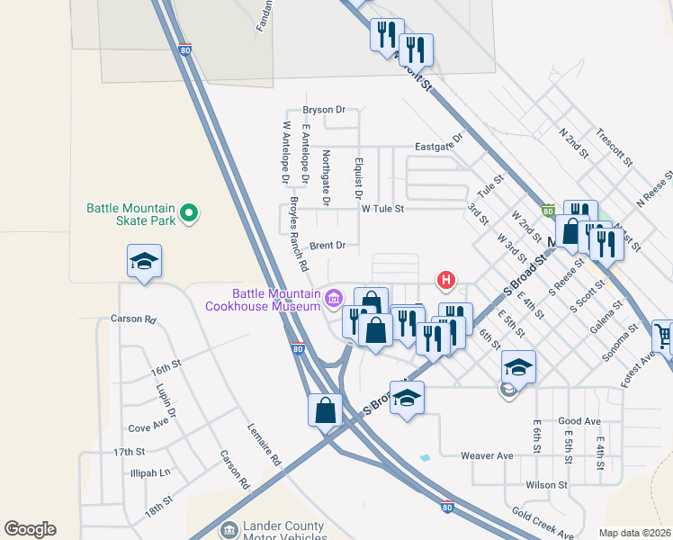 map of restaurants, bars, coffee shops, grocery stores, and more near 765 West Humboldt Street in Battle Mountain