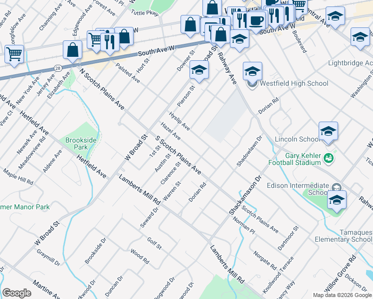 map of restaurants, bars, coffee shops, grocery stores, and more near 238 Hazel Avenue in Westfield