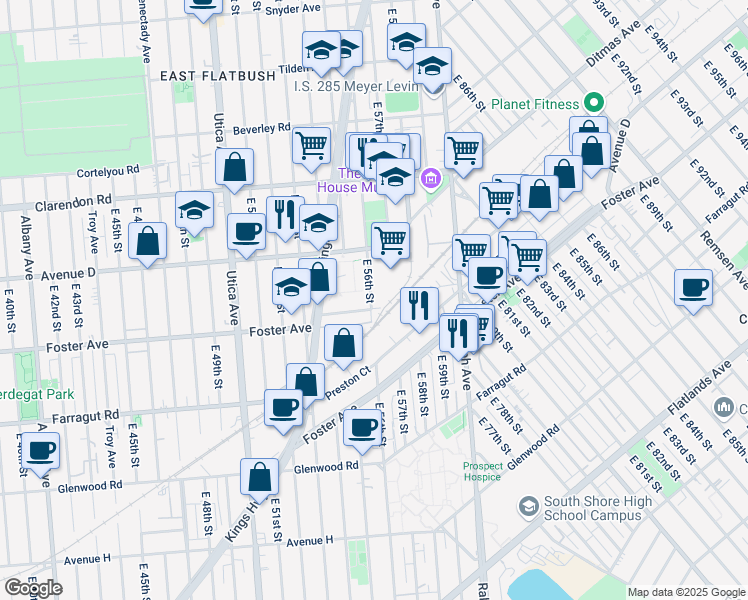 map of restaurants, bars, coffee shops, grocery stores, and more near 613 East 56th Street in Brooklyn