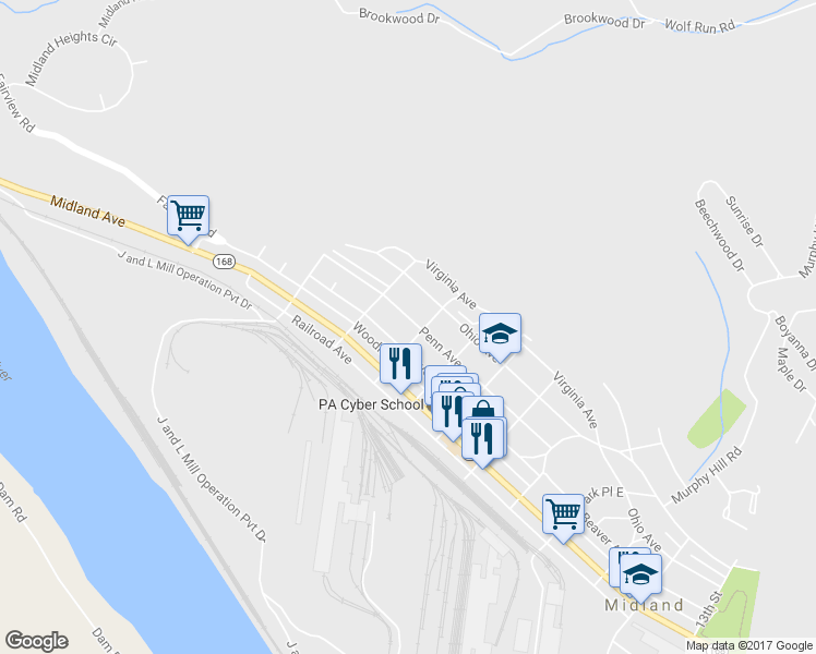map of restaurants, bars, coffee shops, grocery stores, and more near 464 Penn Ave in Midland