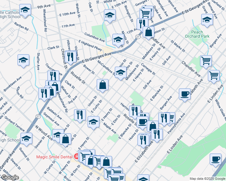map of restaurants, bars, coffee shops, grocery stores, and more near 1013 Bower Street in Linden