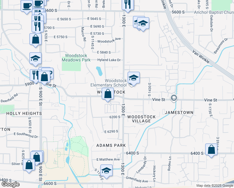 map of restaurants, bars, coffee shops, grocery stores, and more near 1257 Vine Street in Murray