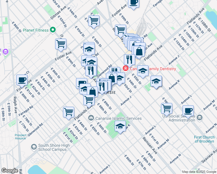 map of restaurants, bars, coffee shops, grocery stores, and more near 9031 Flatlands Avenue in Brooklyn