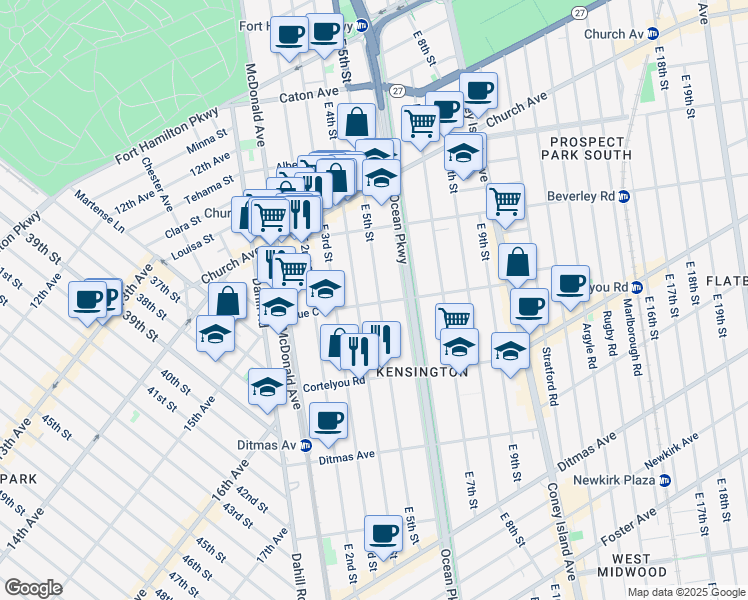 map of restaurants, bars, coffee shops, grocery stores, and more near 433 East 4th Street in Brooklyn