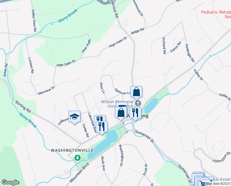map of restaurants, bars, coffee shops, grocery stores, and more near 14 Fawn Lane in Watchung
