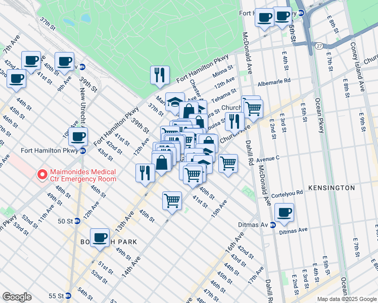 map of restaurants, bars, coffee shops, grocery stores, and more near 1312 38th Street in Brooklyn