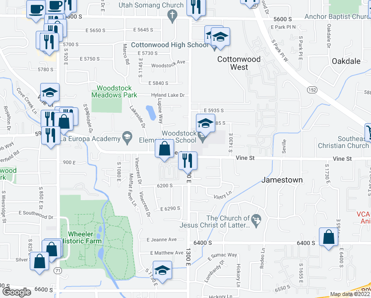 map of restaurants, bars, coffee shops, grocery stores, and more near 6070 South 1300 East in Murray