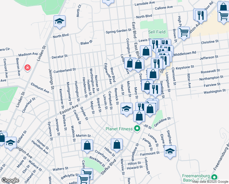 map of restaurants, bars, coffee shops, grocery stores, and more near 2019 Renwick Street in Bethlehem