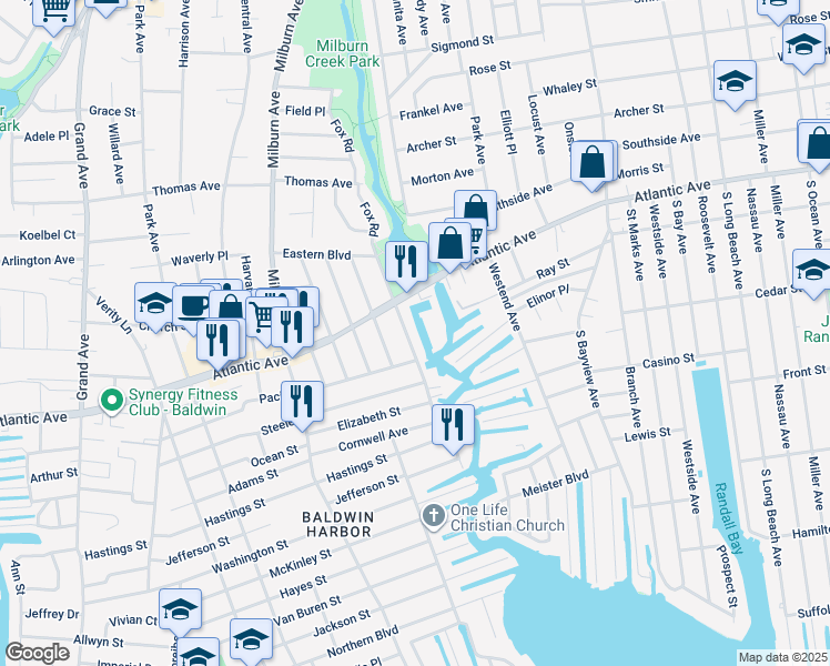 map of restaurants, bars, coffee shops, grocery stores, and more near 2922 Eastern Boulevard in Baldwin