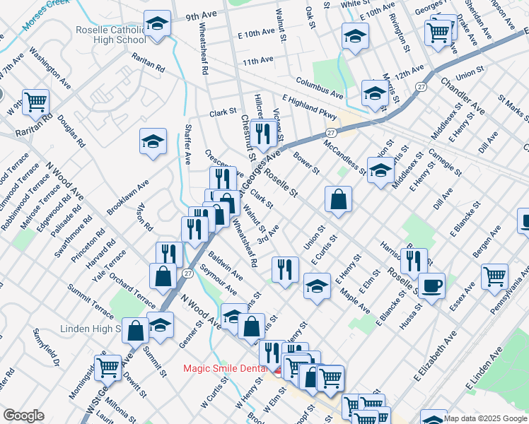 map of restaurants, bars, coffee shops, grocery stores, and more near 417 4th Avenue in Linden