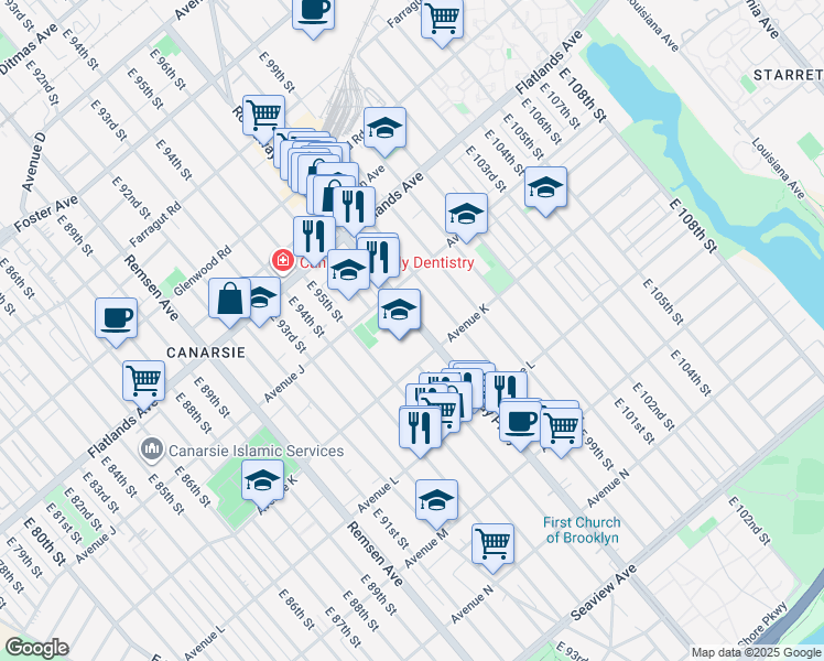 map of restaurants, bars, coffee shops, grocery stores, and more near 1600 Rockaway Parkway in Brooklyn