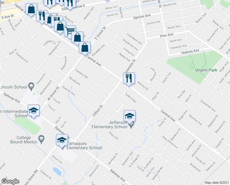 map of restaurants, bars, coffee shops, grocery stores, and more near 137 Clifton Street in Westfield