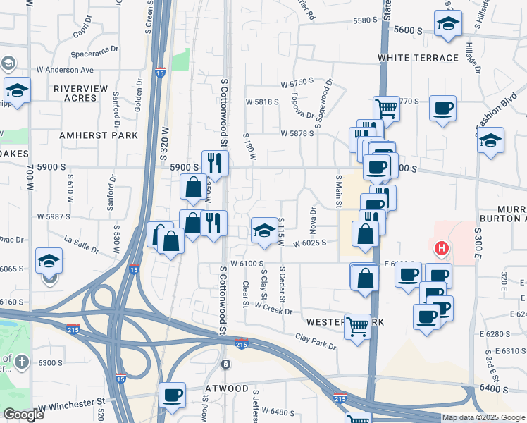 map of restaurants, bars, coffee shops, grocery stores, and more near 5993 South Sultan Circle in Murray