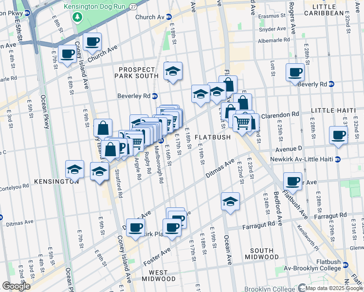map of restaurants, bars, coffee shops, grocery stores, and more near 415 East 17th Street in Brooklyn