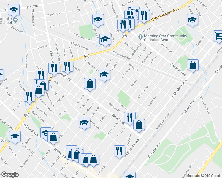 map of restaurants, bars, coffee shops, grocery stores, and more near 721 East Henry Street in Linden