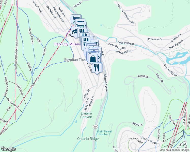 map of restaurants, bars, coffee shops, grocery stores, and more near 206 Park Avenue in Park City