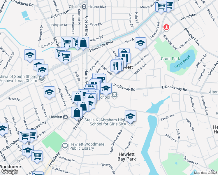 map of restaurants, bars, coffee shops, grocery stores, and more near 1385 West Broadway in Hewlett