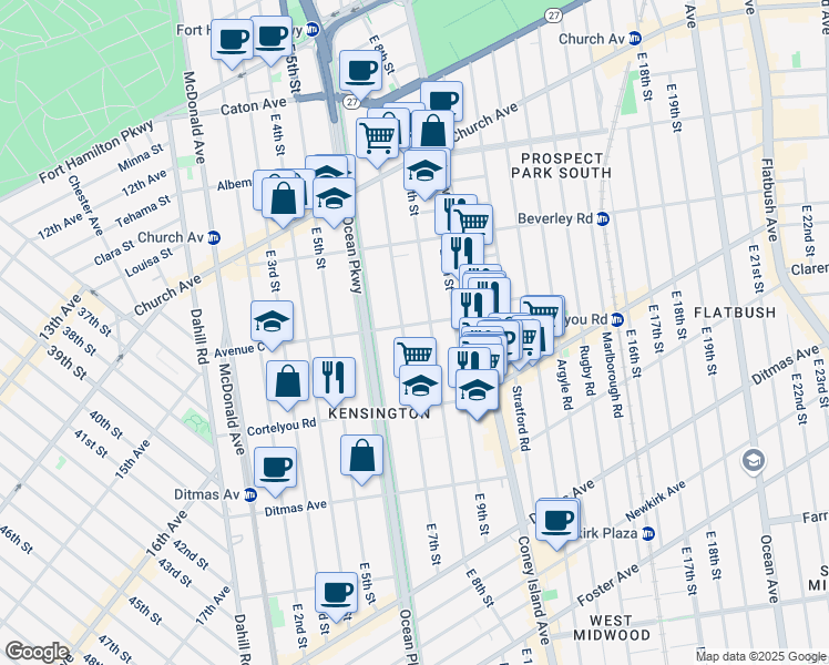 map of restaurants, bars, coffee shops, grocery stores, and more near 696 Avenue C in Brooklyn