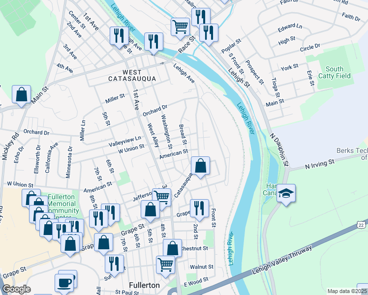 map of restaurants, bars, coffee shops, grocery stores, and more near 123 American Street in Fullerton