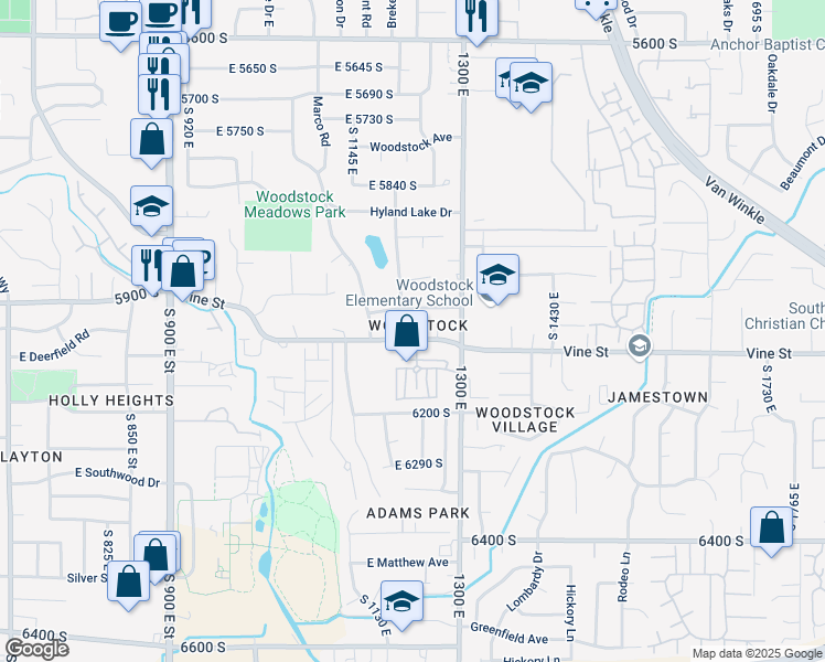 map of restaurants, bars, coffee shops, grocery stores, and more near 1215 Vine Street in Murray