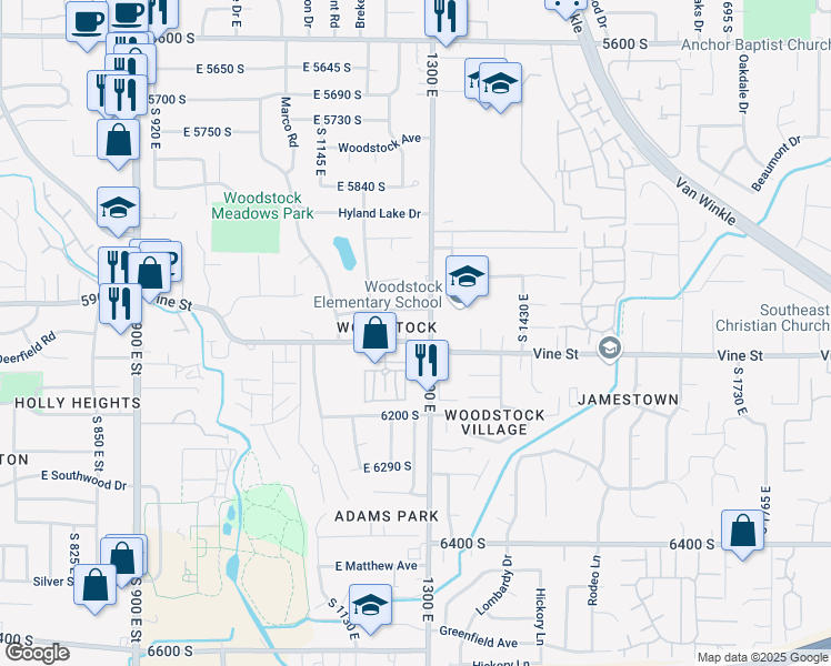 map of restaurants, bars, coffee shops, grocery stores, and more near 6070 South 1300 East in Murray
