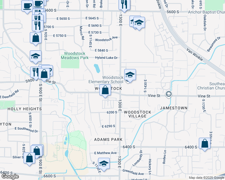 map of restaurants, bars, coffee shops, grocery stores, and more near 6070 South 1300 East in Murray