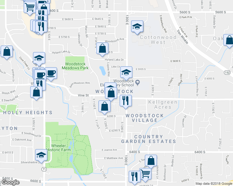 map of restaurants, bars, coffee shops, grocery stores, and more near 1215 Vine Street in Murray