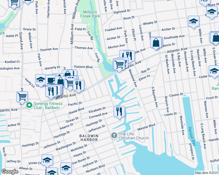 map of restaurants, bars, coffee shops, grocery stores, and more near 2922 Eastern Boulevard in Baldwin