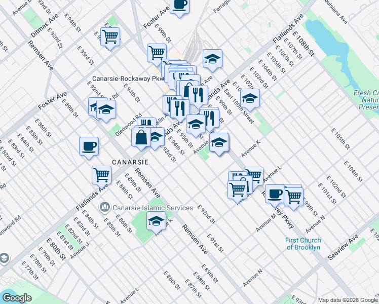 map of restaurants, bars, coffee shops, grocery stores, and more near 9501 Avenue J in Brooklyn