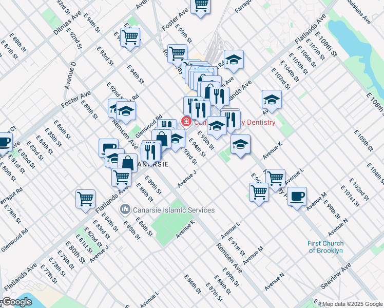 map of restaurants, bars, coffee shops, grocery stores, and more near 1214 East 94th Street in Brooklyn