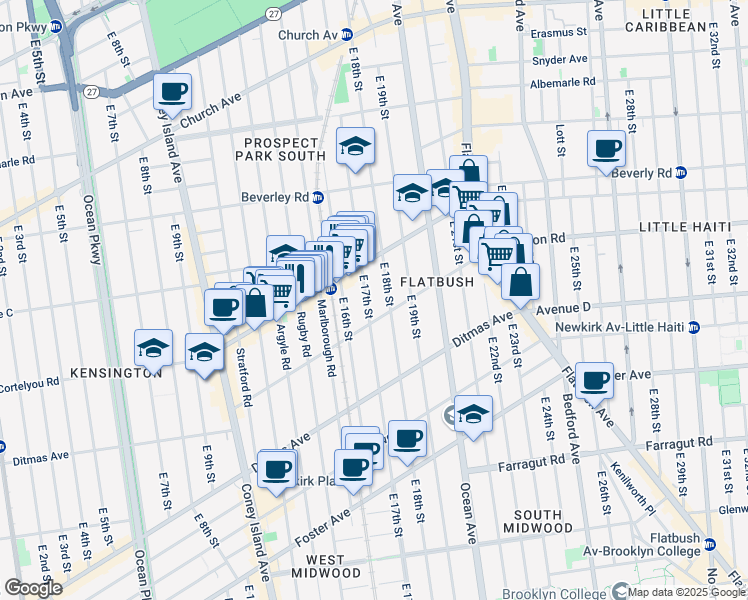 map of restaurants, bars, coffee shops, grocery stores, and more near 415 East 17th Street in Brooklyn
