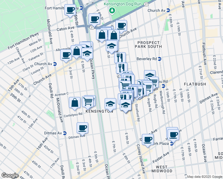 map of restaurants, bars, coffee shops, grocery stores, and more near 361 East 8th Street in Brooklyn