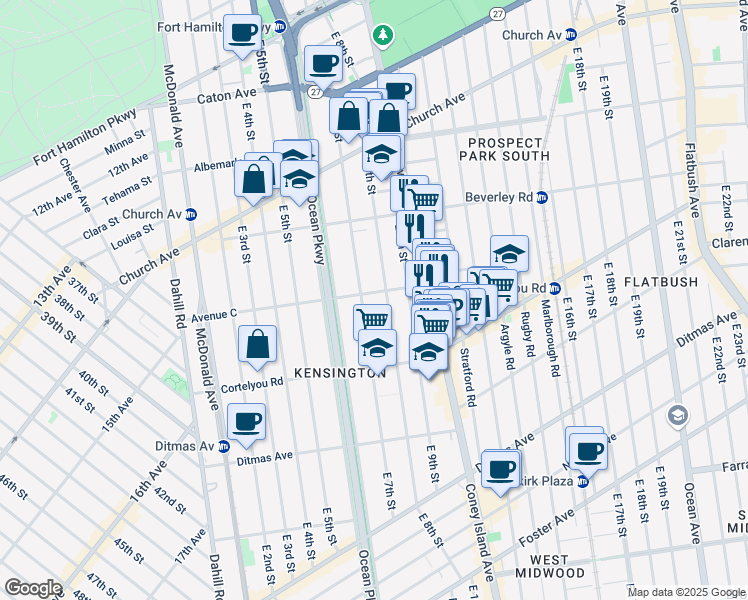 map of restaurants, bars, coffee shops, grocery stores, and more near 361 East 8th Street in Brooklyn