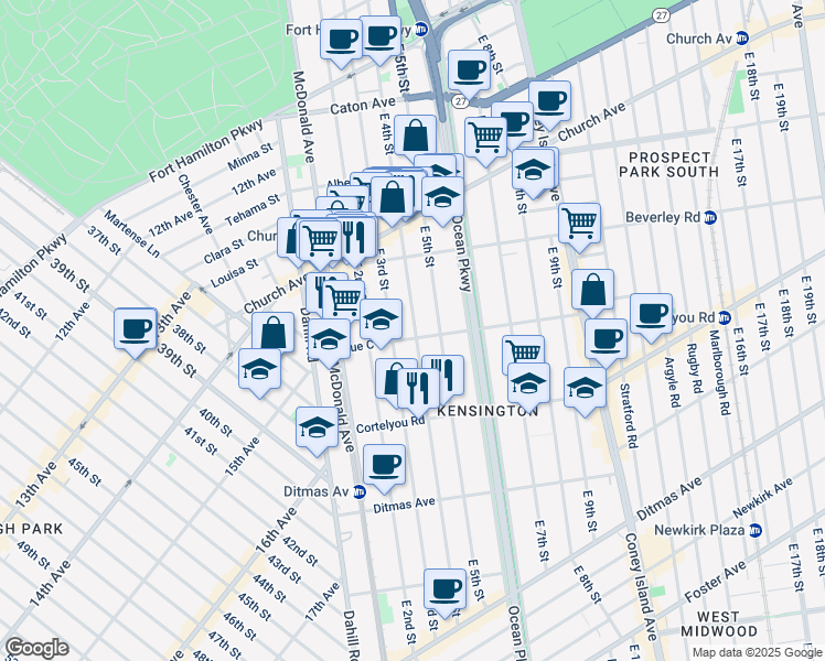 map of restaurants, bars, coffee shops, grocery stores, and more near 433 East 4th Street in Brooklyn