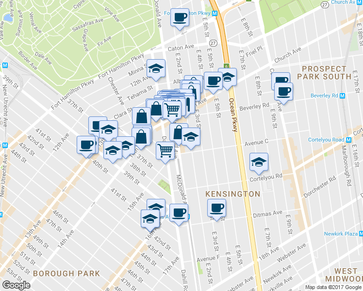 map of restaurants, bars, coffee shops, grocery stores, and more near 543 McDonald Avenue in Brooklyn