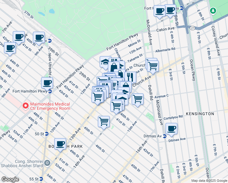 map of restaurants, bars, coffee shops, grocery stores, and more near 3812 13th Avenue in Brooklyn
