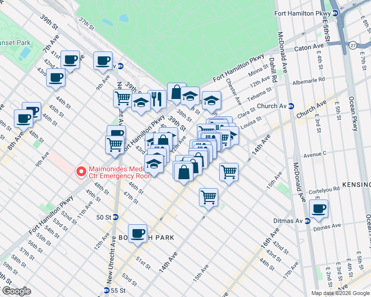 map of restaurants, bars, coffee shops, grocery stores, and more near 1206 40th Street in Brooklyn