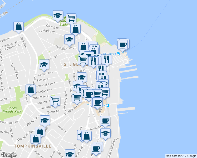map of restaurants, bars, coffee shops, grocery stores, and more near 48 Bay Street in Staten Island