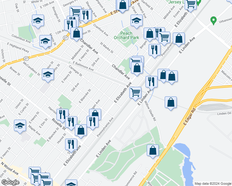 map of restaurants, bars, coffee shops, grocery stores, and more near 1026 Essex Avenue in Linden
