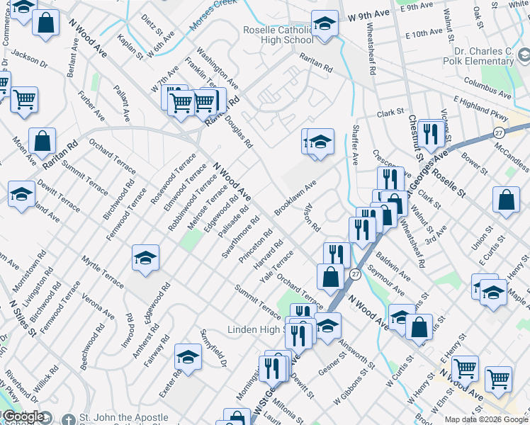 map of restaurants, bars, coffee shops, grocery stores, and more near 1711 North Wood Avenue in Linden