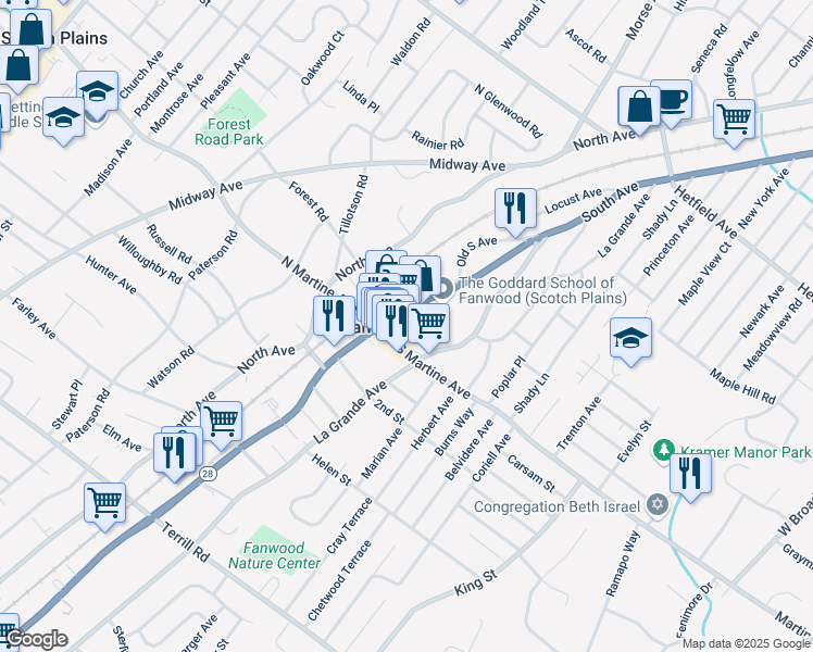 map of restaurants, bars, coffee shops, grocery stores, and more near 40 1st Street in Fanwood