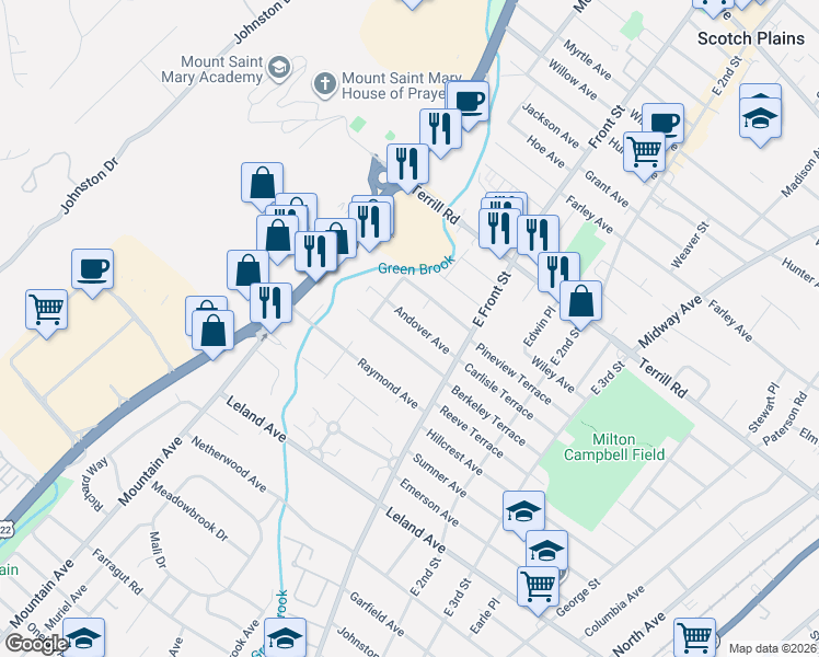 map of restaurants, bars, coffee shops, grocery stores, and more near 49-51 Andover Avenue in Plainfield