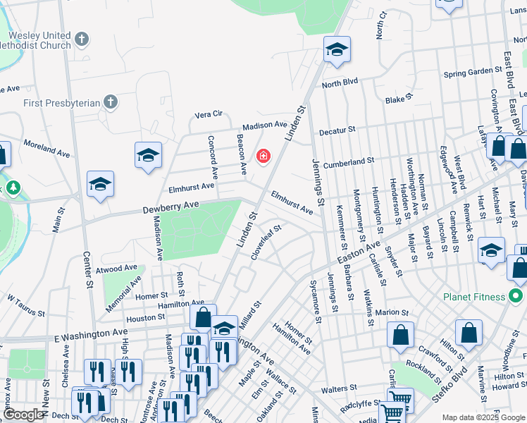 map of restaurants, bars, coffee shops, grocery stores, and more near 619 Dewberry Avenue in Bethlehem
