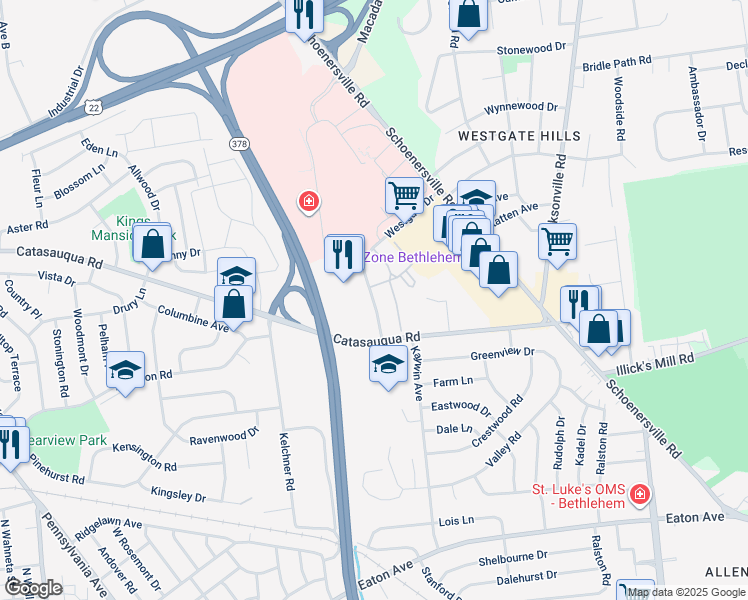 map of restaurants, bars, coffee shops, grocery stores, and more near 2050 Westgate Drive in Bethlehem