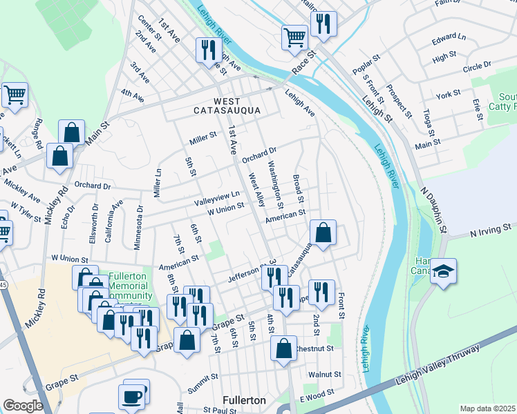 map of restaurants, bars, coffee shops, grocery stores, and more near 1125 3rd Street in Fullerton